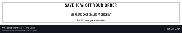 Screenshot of We The People Holsters's website on Oct 17, 2026 showing the "10% Off Your Order at We The People Holsters" offer