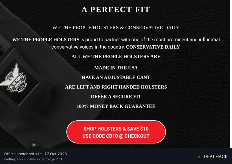 Screenshot of We The People Holsters's website on Oct 17, 2026 showing the "Save $10 With the Conservative Daily Partner Offer" offer