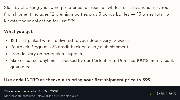 Screenshot of Wine Insiders's website on Oct 16, 2026 showing the "Take 40% Off at Wine Insiders" offer
