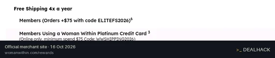 Screenshot of Woman Within's website on Oct 16, 2026 showing the "Get Free Shipping on $75+ Orders for Elite Members" offer