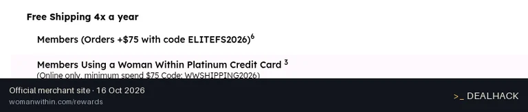 Screenshot of Woman Within's website on Oct 16, 2026 showing the "Get Free Shipping on $75+ Orders for Elite Members" offer