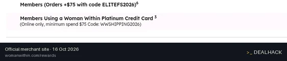 Screenshot of Woman Within's website on Oct 16, 2026 showing the "Get Free Shipping on $75+ Orders With the Woman Within Card" offer