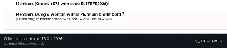 Screenshot of Woman Within's website on Oct 16, 2026 showing the "Get Free Shipping on $75+ Orders With the Woman Within Card" offer