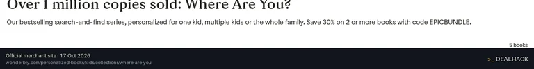 Screenshot of Wonderbly's website on Oct 17, 2026 showing the "30% Off Where Are You? Series Bundle" offer