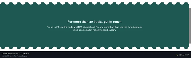 Screenshot of Wonderbly's website on Oct 17, 2026 showing the "Save Up to 30% on 220 Books" offer
