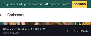 Screenshot of Wonderbly's website on Oct 17, 2026 showing the "Buy 1 Get 1 50% Off Kids' Books" offer
