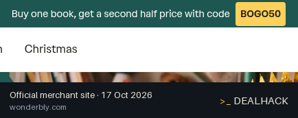 Screenshot of Wonderbly's website on Oct 17, 2026 showing the "Buy 1 Get 1 50% Off Kids' Books" offer