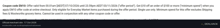 Screenshot of Woolworths's website on Oct 17, 2026 showing the "Save $10 on $100+ Everyday Market Orders" offer