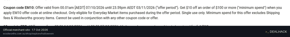 Screenshot of Woolworths's website on Oct 17, 2026 showing the "Save $10 on $100+ Everyday Market Orders" offer