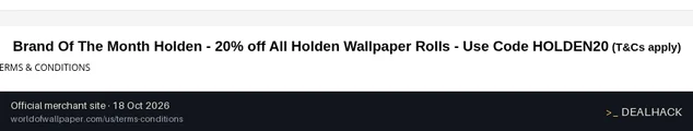 Screenshot of World of Wallpaper's website on Oct 18, 2026 showing the "20% Off Holden Decor Wallpaper Rolls" offer