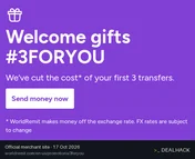 Screenshot of WorldRemit's website on Oct 17, 2026 showing the "Pay Less on Your First Three Transfers" offer