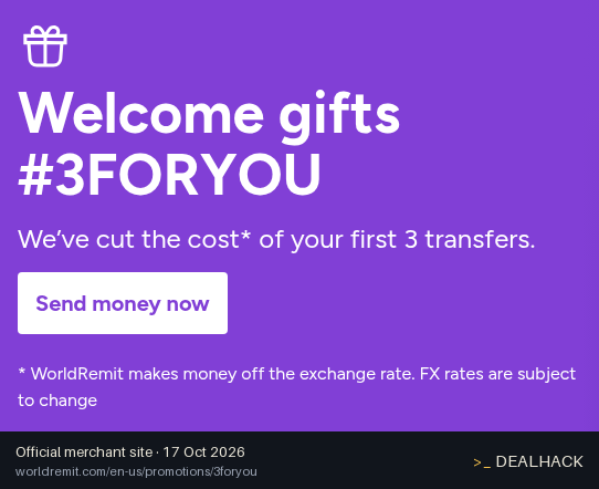 Screenshot of WorldRemit's website on Oct 17, 2026 showing the "Pay Less on Your First Three Transfers" offer