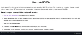 Screenshot of WorldRemit's website on Oct 18, 2026 showing the "NOK 50 Off Each of Your First Three Transfers" offer