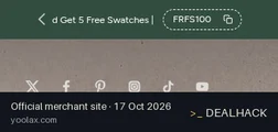 Screenshot of Yoolax's website on Oct 17, 2026 showing the "Free Fabric Swatch Samples With Code" offer