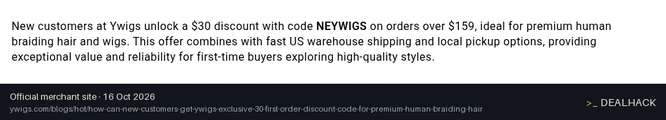 Screenshot of Ywigs's website on Oct 16, 2026 showing the "Get $30 Off Orders Over $159" offer
