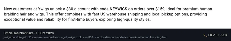 Screenshot of Ywigs's website on Oct 16, 2026 showing the "Get $30 Off Orders Over $159" offer