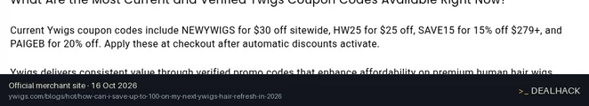 Screenshot of Ywigs's website on Oct 16, 2026 showing the "Save 15% Off Orders Over $279" offer
