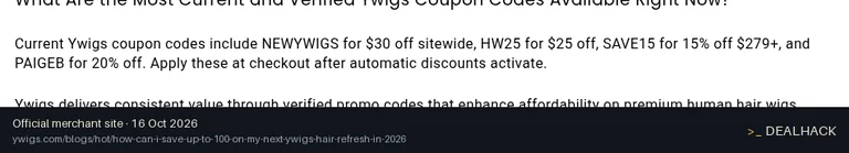 Screenshot of Ywigs's website on Oct 16, 2026 showing the "Save 15% Off Orders Over $279" offer