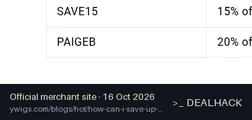 Screenshot of Ywigs's website on Oct 16, 2026 showing the "Save 20% Off Sitewide at Ywigs" offer