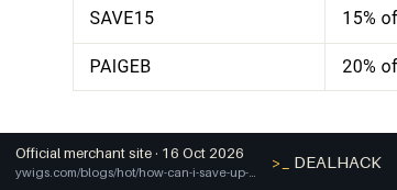 Screenshot of Ywigs's website on Oct 16, 2026 showing the "Save 20% Off Sitewide at Ywigs" offer