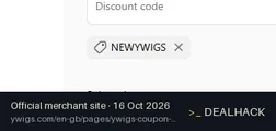 Screenshot of Ywigs's website on Oct 16, 2026 showing the "$30 Off Orders Over $159 for New Ywigs Customers" offer