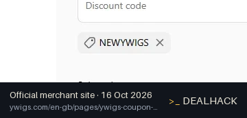 Screenshot of Ywigs's website on Oct 16, 2026 showing the "$30 Off Orders Over $159 for New Ywigs Customers" offer