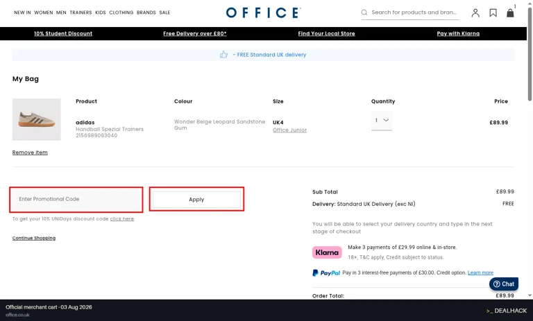 OFFICE checkout page showing the Enter Promotional Code field and Apply button