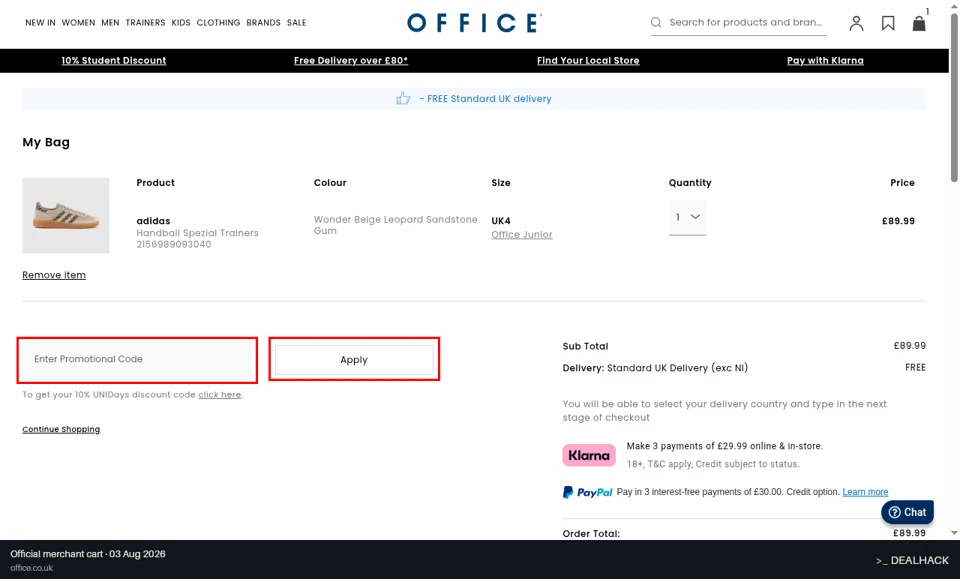 OFFICE checkout page showing the Enter Promotional Code field and Apply button