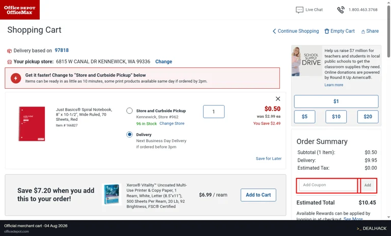 Office Depot checkout page showing the Add Coupon field and Add button