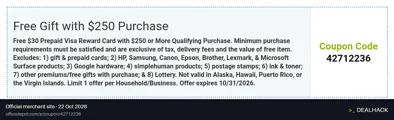Screenshot of Office Depot's website on Oct 22, 2026 showing the "Get a Free $30 Visa Reward Card on $250+ Purchases" offer