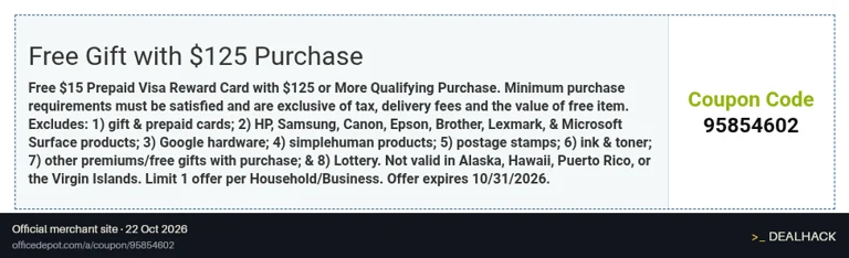 Screenshot of Office Depot's website on Oct 22, 2026 showing the "Get a Free $15 Visa Reward Card on $125+ Purchases" offer