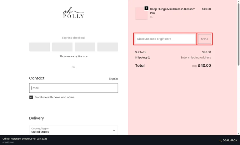 Oh Polly checkout page showing the Discount code or gift card field and Apply button