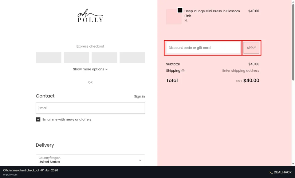 Oh Polly checkout page showing the Discount code or gift card field and Apply button