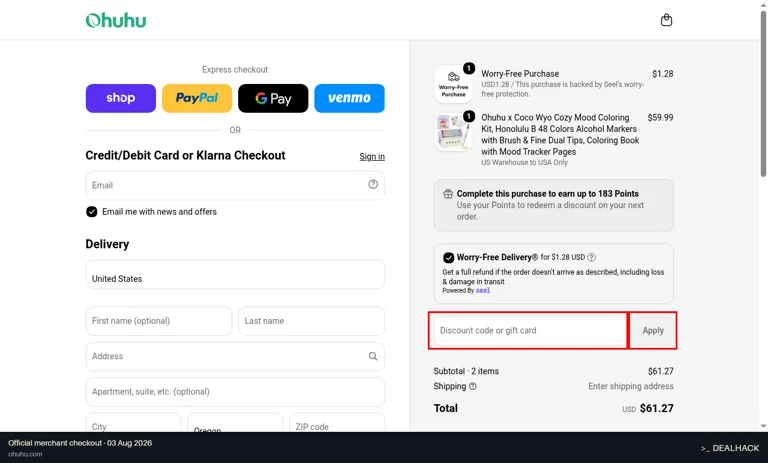 Ohuhu checkout page showing the Discount code or gift card field and Apply button