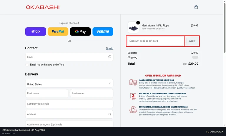 Okabashi checkout page showing the Discount code or gift card field and Apply button