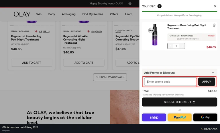 Olay checkout page showing the Enter promo code field and apply button