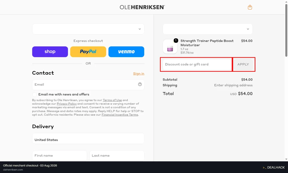 Ole Henriksen checkout page showing the Discount code or gift card field and Apply button