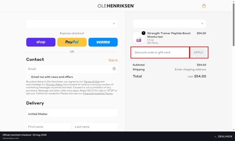 Ole Henriksen checkout page showing the Discount code or gift card field and Apply button