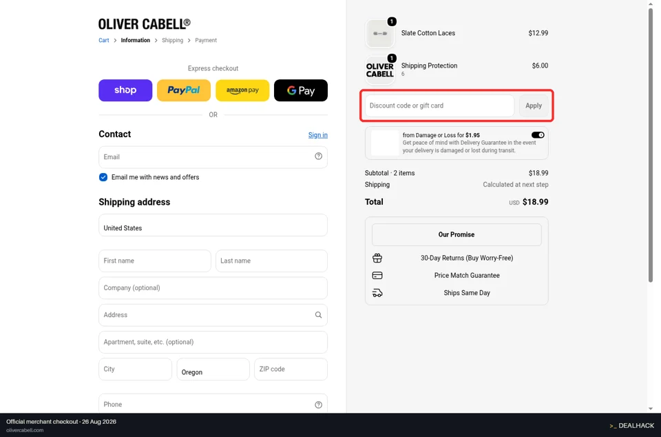 Oliver Cabell checkout page showing the Discount code or gift card field and Apply button