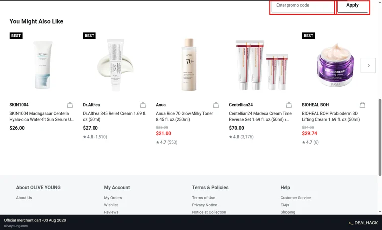 OLIVE YOUNG checkout page showing the Enter promo code field and Apply button