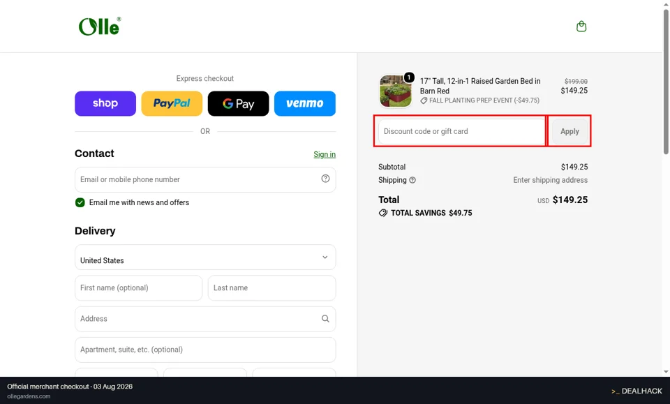 Olle Gardens checkout page showing the Discount code or gift card field and Apply button