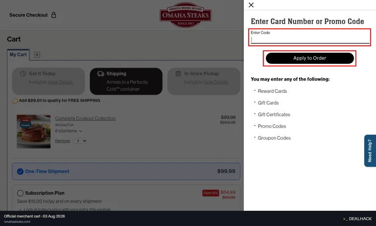 Omaha Steaks checkout page showing the Enter Code field and Apply to Order button