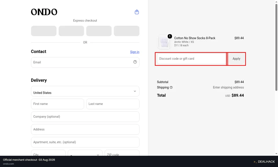 Ondo Finance checkout page showing the Discount code or gift card field and Apply button
