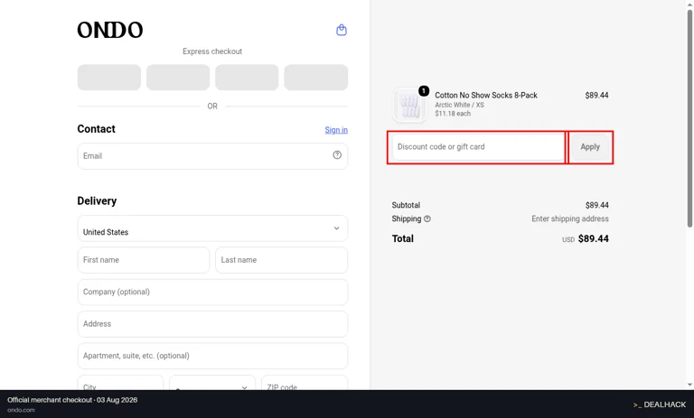 Ondo Finance checkout page showing the Discount code or gift card field and Apply button
