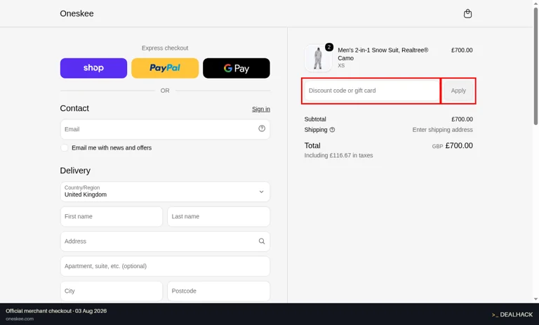 Oneskee checkout page showing the Discount code or gift card field and Apply button
