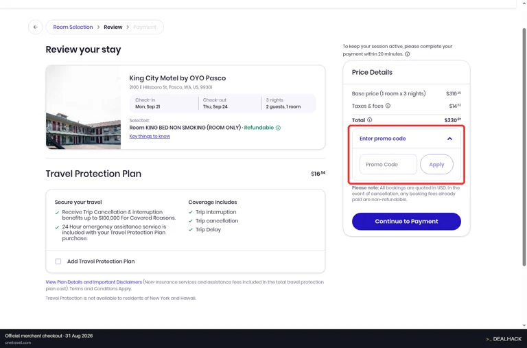 One Travel checkout page showing the Promo Code field and Apply button