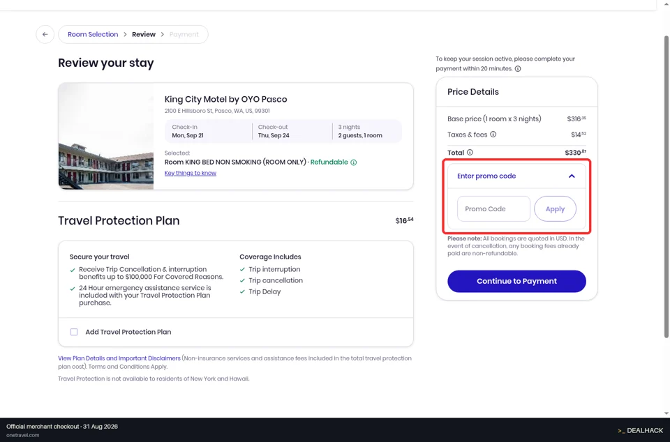 One Travel checkout page showing the Promo Code field and Apply button
