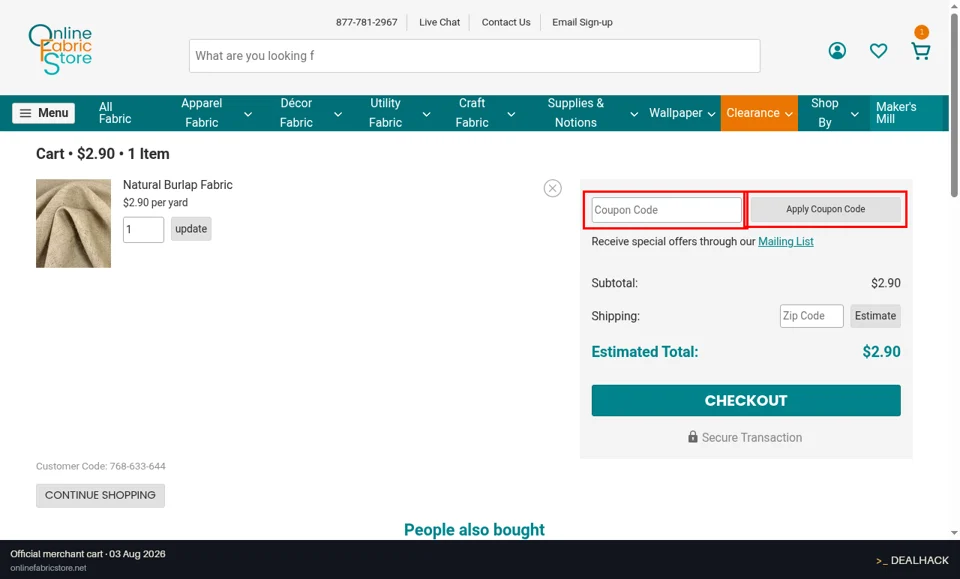 Online Fabric Store checkout page showing the Coupon Code field and Apply Coupon Code button