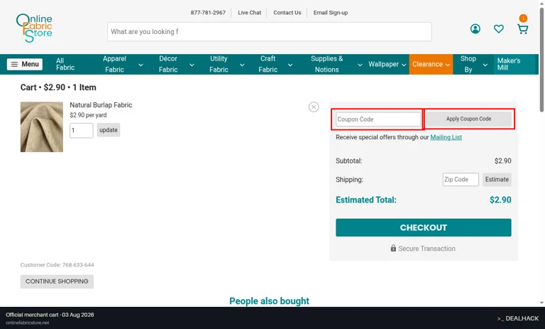 Online Fabric Store checkout page showing the Coupon Code field and Apply Coupon Code button