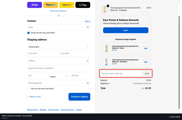 Ooly checkout page showing the Discount code or gift card field and Apply button